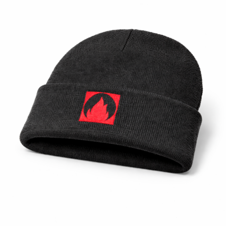 AURA Merchandise Schwarze Wintermütze mit roter AURA-Flamme