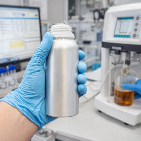 Eine Flasche, die von einer Hand gehalten wird, im Hintergrund ein Labor